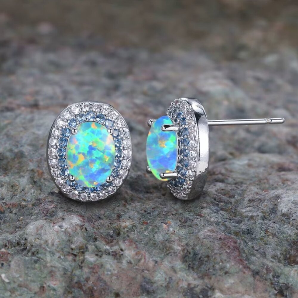NEW 14k White Gold Diamond Blue Opal Earrings Oval Halo Stud Earrings